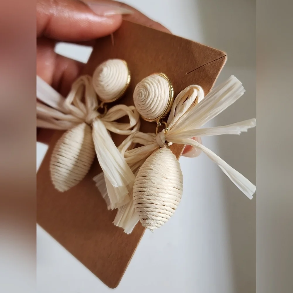 Cream Woven Paper Bow Drop Earrings Resort Statement OS